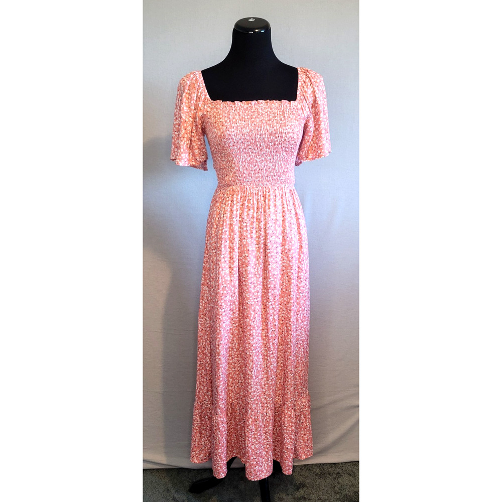 Women’s Pink Floral Summer Dress S Short Sleeve Stretch Bodice NWT Casual Lined